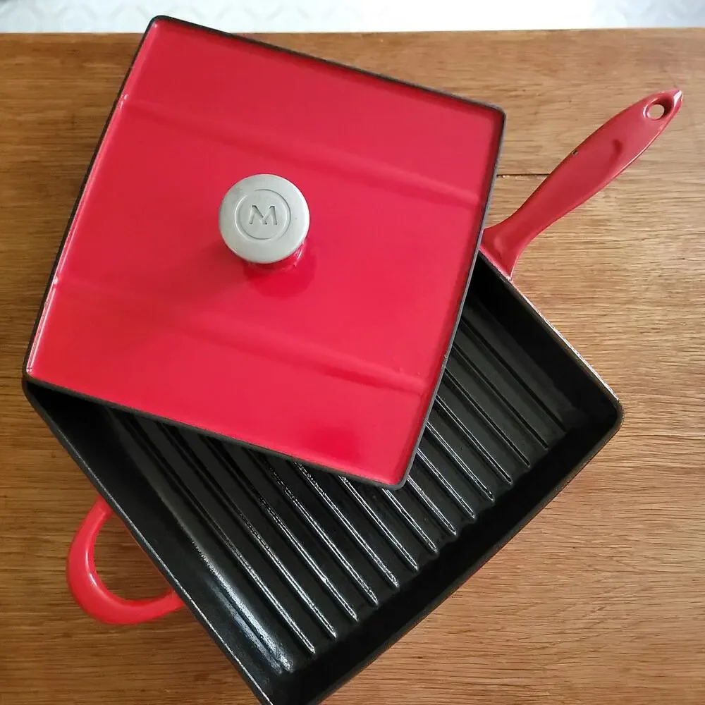 Crate and Barrel Mario Batali Red Enamel Cast Iron Grill Pan w Panini Press Lid